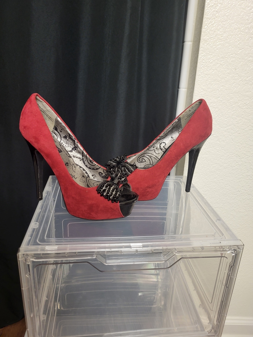 Red Suede Peep-Toe High Heels with Black Accent